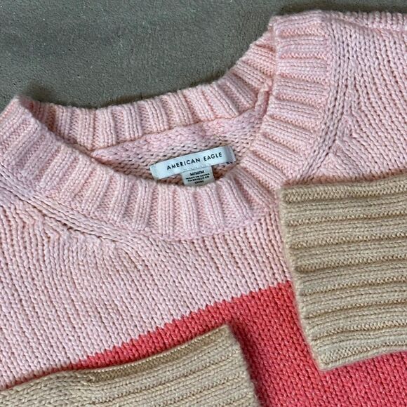 American Eagle Outfitters Women's Pink and Tan Stripe Boxy Sweater Medium - Picture 2 of 8